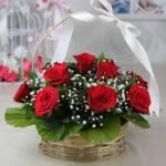 Round Handle Basket of Red Roses (10 stems)