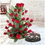 Red Roses Basket With Black Forest Cake
